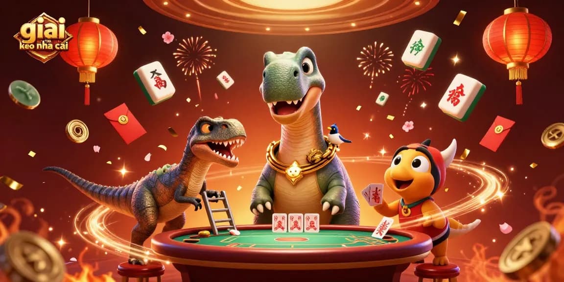 Engage with giai ma keo nha cai in this vibrant casino scene, featuring cartoon dinosaurs and festive elements.