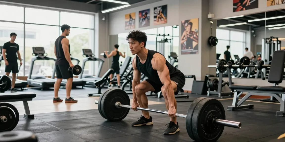 Man deadliften in Unique Pharma Steroïden Winkel met moderne fitnessapparatuur.