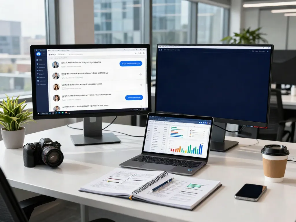 Data analyst tracking ChatGPT brand monitoring metrics on dual monitors in a modern office.