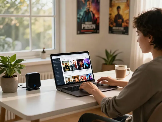 Pikashow on laptop displayed in a cozy home office setting with vibrant movie options, enhancing entertainment.