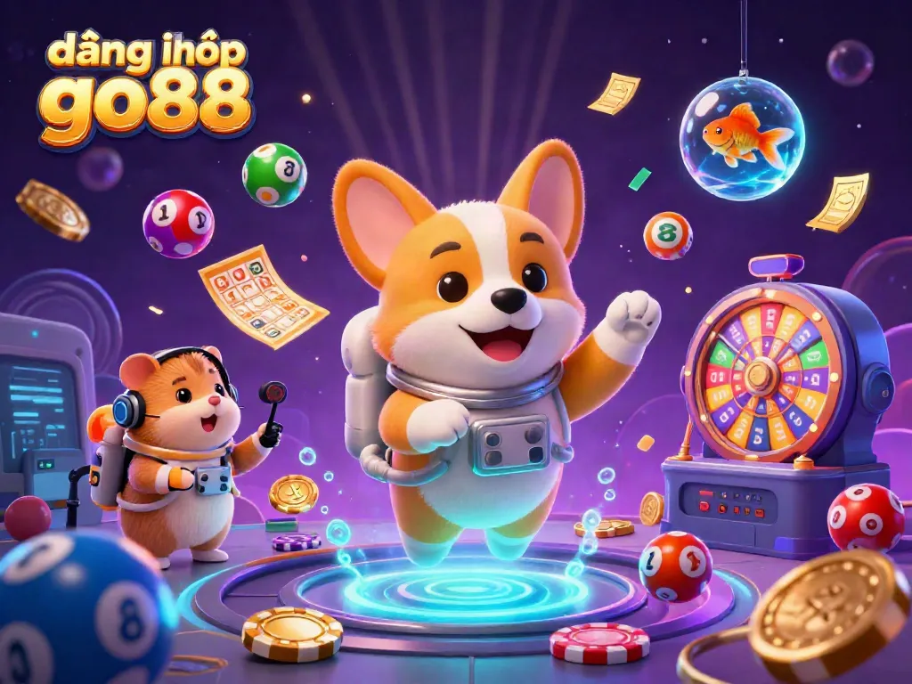 Engaging scene depicting đăng nhập go88 with a floating astronaut corgi and colorful casino elements.