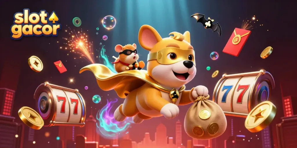 Witness the excitement of slot gacor with a superhero dog and hamster amidst golden coins and festive elements.