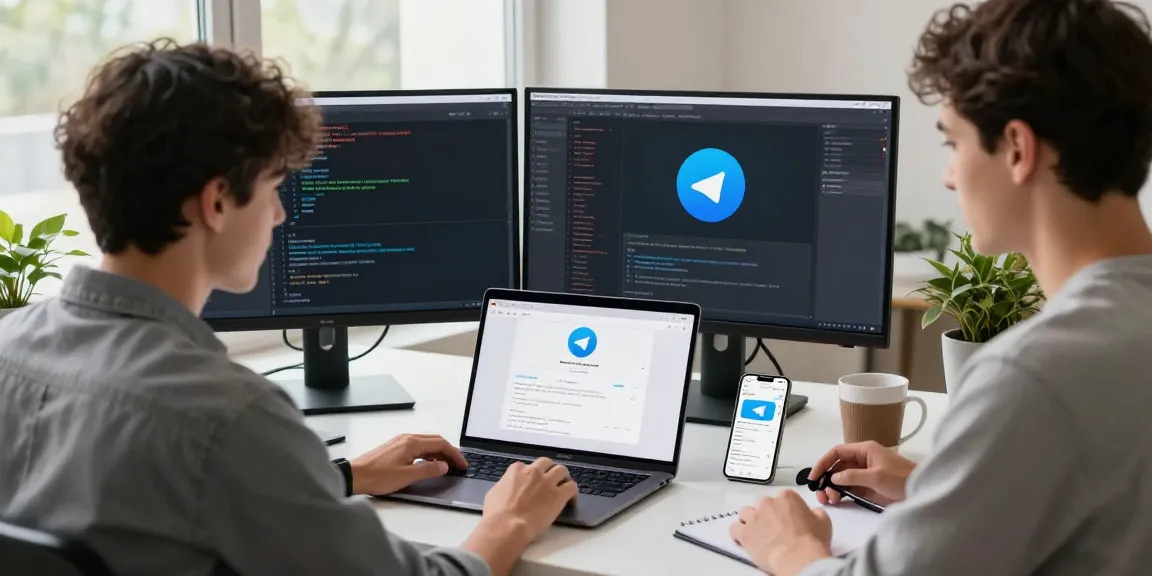 Download Telegram on a laptop screen in a modern workspace, showcasing productivity and communication.