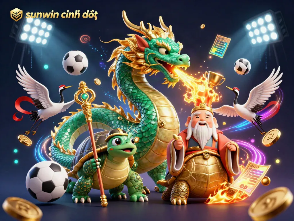 Experience the thrill of sunwin chính thức with this vibrant 3D illustration featuring casino elements, sports intensity, and lucky symbols.