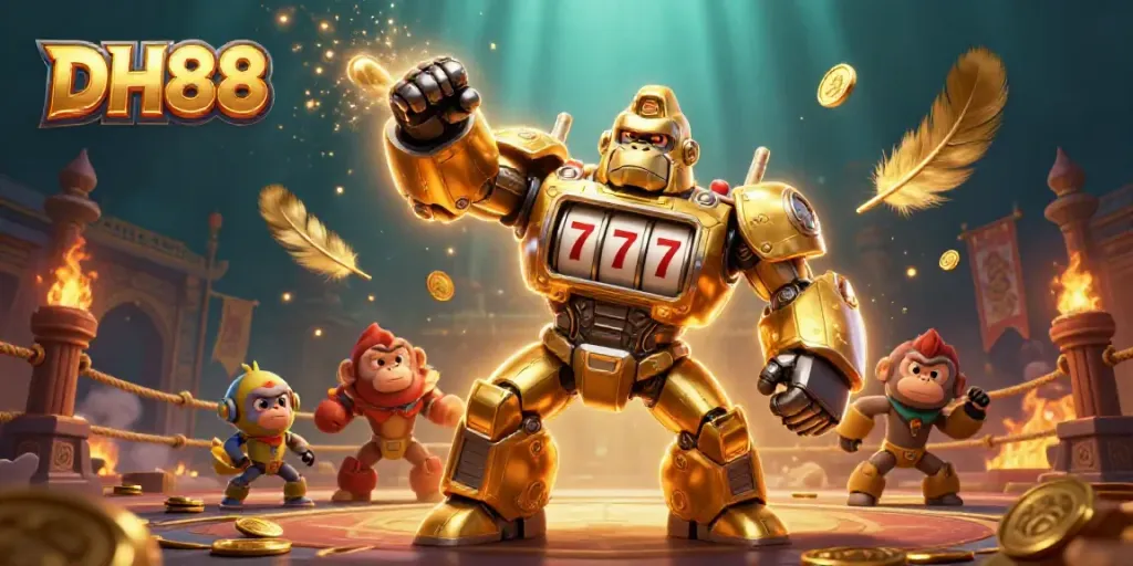 Join the adventure with DH88 as the golden gorilla mech and monkey pilot launch coins amidst vibrant casino elements.