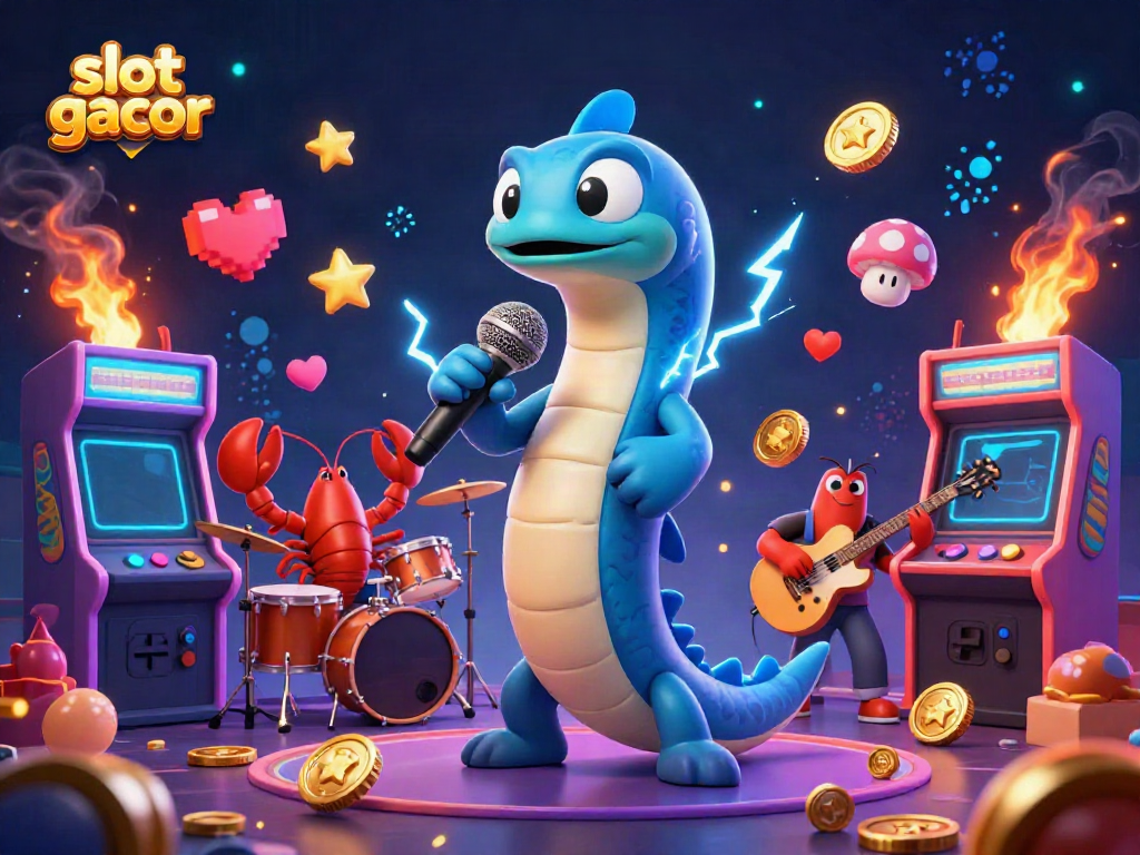 Experience the thrill of playing slot gacor with vibrant characters and dynamic arcade elements in a lively casino.