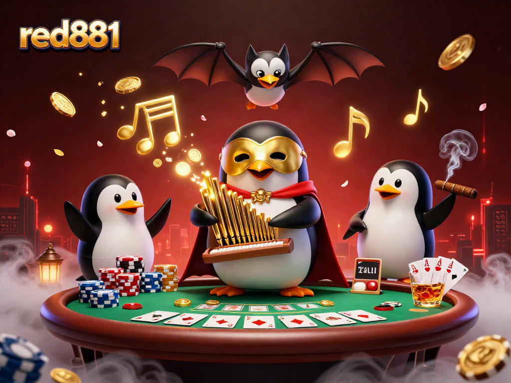 Experience thrilling action at red881 with an energetic casino scene featuring a 3D penguin playing music and poker.