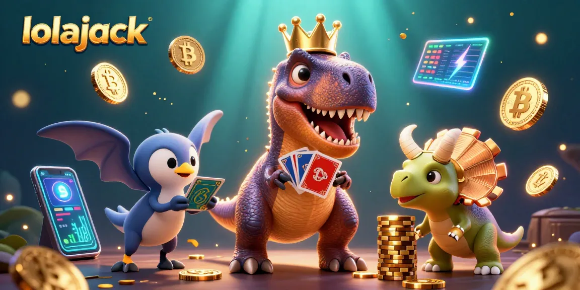 Lolajack casino scene with friendly dinosaurs shuffling cards and stacking chips amidst glowing crypto elements.