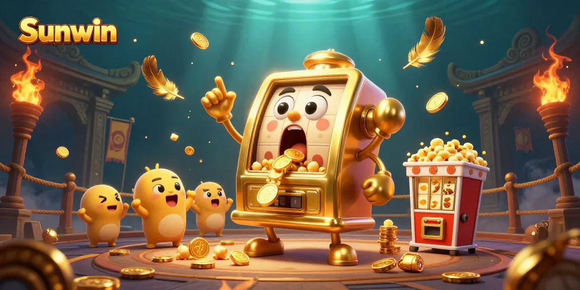 Experience the thrill of Sunwin with a lively jackpot scene featuring animated slot machines and golden coins.