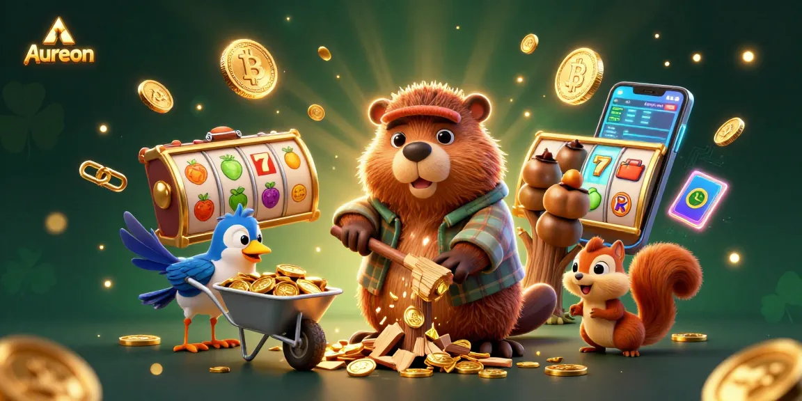 Aureon casino illustration showing a beaver in a tree of gold coins with NFT elements while playing slots.