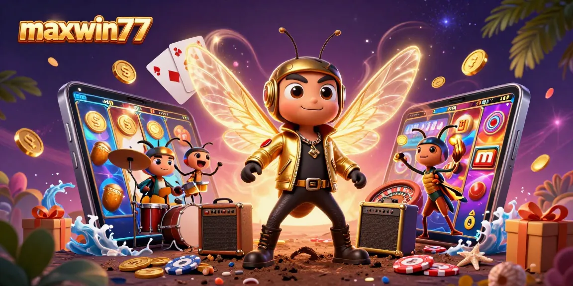 Experience excitement at maxwin77 with a vibrant scene of a rock star and casino elements.
